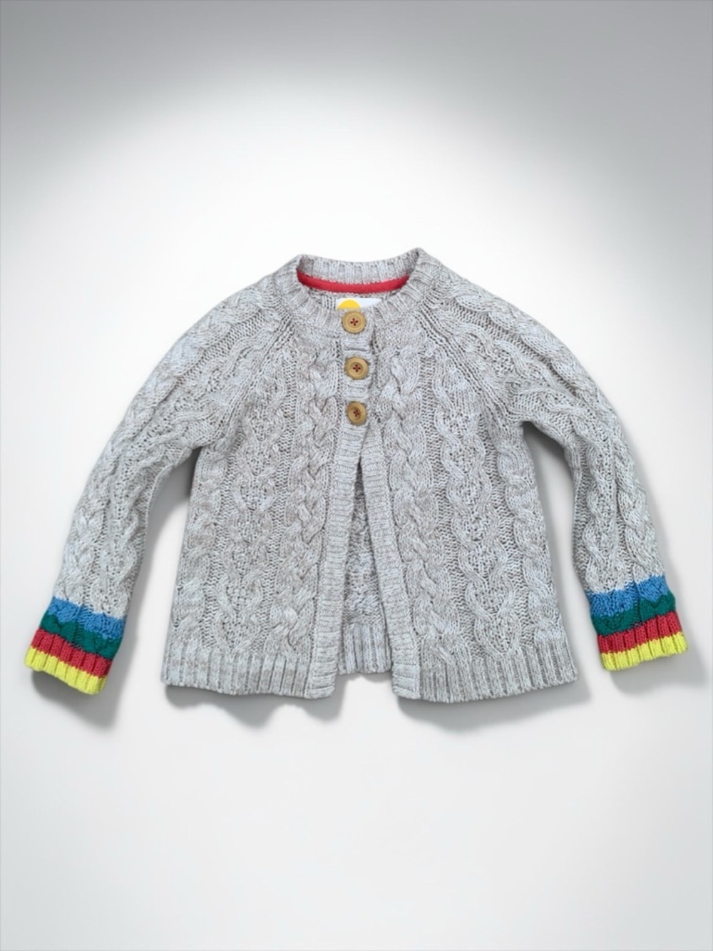 Mini Boden Girl’s 5-6 Gray Cable Knit Cardigan with Colorful Cuff Stripes